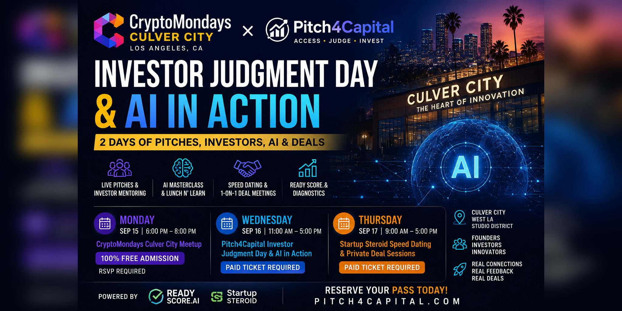 🚀 CryptoMondays Culver City × Pitch4Capital Investor Judgment Day & AI in Action Lunch n' Learn promotional image
