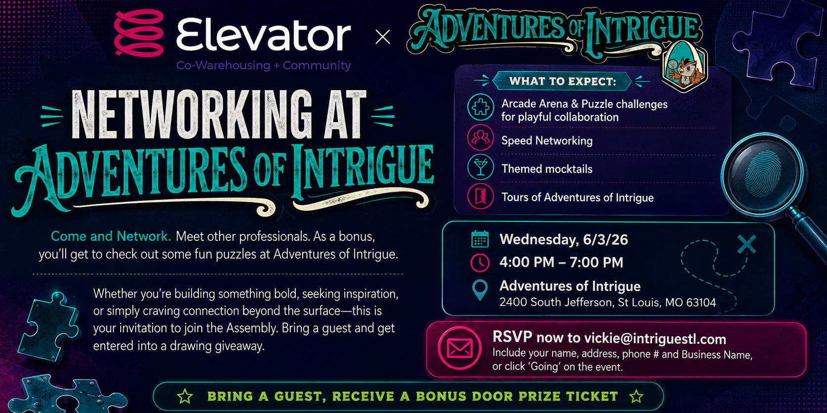 Elevator x Adventures of Intrigue Networking promotional image