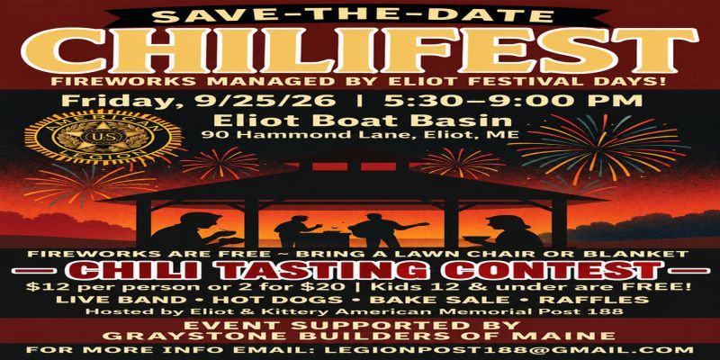 CHILIFEST CONTEST and FREE FIREWORKS - Hosted by Eliot and Kittery American Memorial Post 188 promotional image